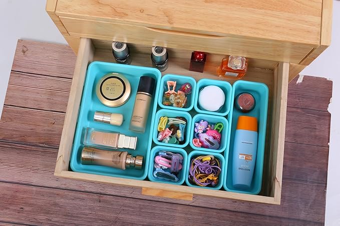 15 PCS Interlocking Desk Drawer Organizer Separator for Office,Bathroom,Kitchen,Makeup（Blue&Green）