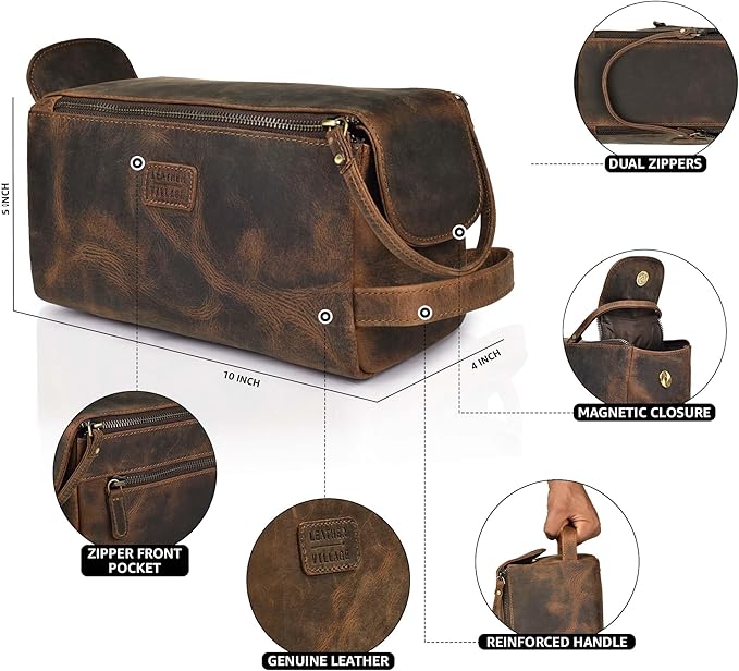 LEATHER VILLAGE Genuine Leather Travel Toiletry Bag - Water-Resistant Dopp Kit for Toiletries, Large Shaving Bag & Bathroom Organizer - Gift for Men & Women - Rustic Brown
