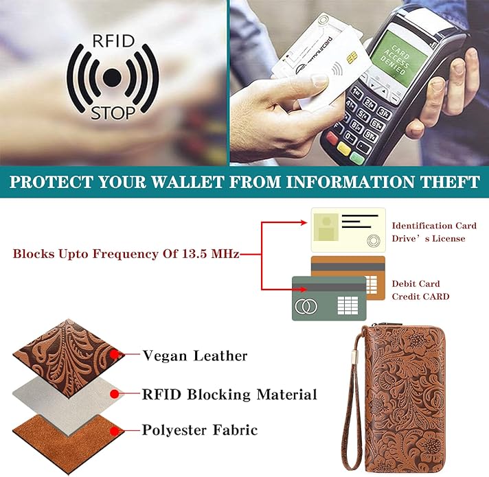 GOIACII Women's Wallet Wristlet Ladies Phone Purse RFID Blocking Large Card Holder Double Zip Grip Strap Vegan Leather