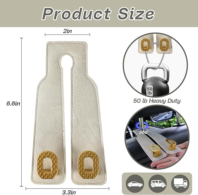 Car Headrest Hooks Universal Car Purse Hook Premium Leather and Alloy Twin Hook Car Seat Back Storage Hanger Hook for Purse Bags Cloth Drink Durable Holder Car Accessories (BH09-White-Gold)