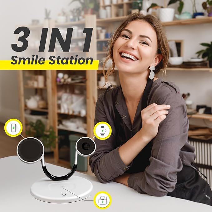 Magnetic 3-in-1 Wireless Charging Station - Qi 15W Fast Charger for Apple Mag Safe iPhone 16-11 Pro Max Watch Ultra & AirPods Pro, Premium Luxury Smile Face Office Desk Organizer Gift-Ready (White)