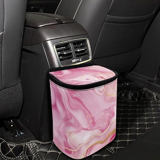 Biyejit Pink Marble Car Trash Bin Collapsible Car Organizers and Storage for Front Seat Multipurpose Trash Bag Automotive Garbage Can Car Accessories Interior Car Organizer