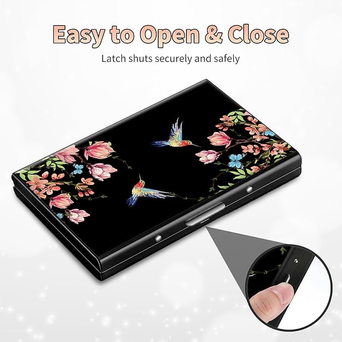 Slim Credit Card Holder, Hummingbird Floral Sakura RFID Blocking Metal Wallet for Men & Women, Aluminum Minimalist Hard Case Pocket-Sized Business Cards Organizer (Fits Up to 10 Cards)