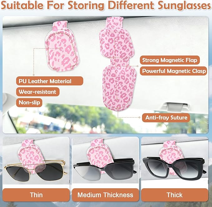 Sunglasses Holder for Car Visor - 2 Packs Pink Leopard Magnetic Leather Sunglasses Clip for Car Pink Visor Sunglass Holder Ticket Card Hanger Clips Auto Interior Accessories for SUV Truck
