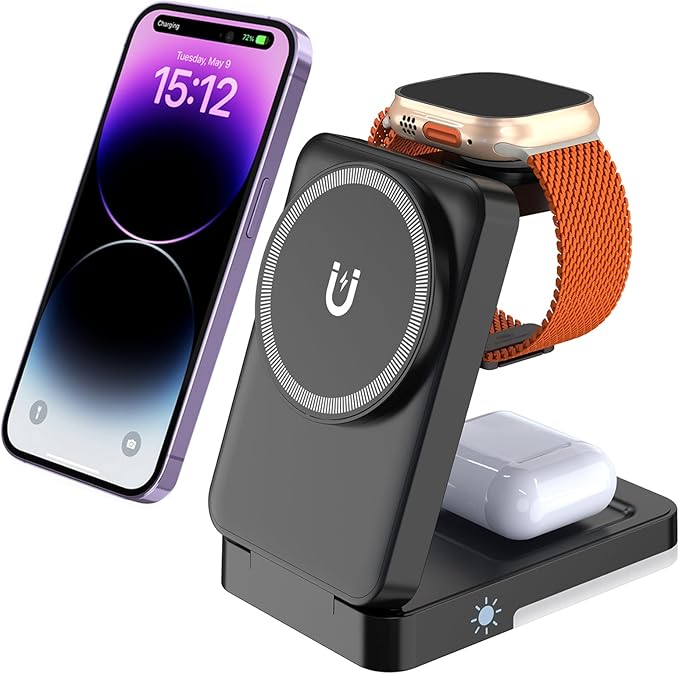 3-in-1 Travel Magnetic Charging Station for iPhone 17/17 Pro/17 Pro Max/Air/16 15 14 13 12 Pro Max Plus mini/Apple Watch/Airpods, Foldable Portable Wireless Charger Stand with Night Light-Black