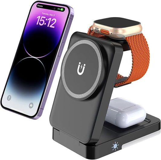 3-in-1 Travel Magnetic Charging Station for iPhone 17/17 Pro/17 Pro Max/Air/16 15 14 13 12 Pro Max Plus mini/Apple Watch/Airpods, Foldable Portable Wireless Charger Stand with Night Light-Black