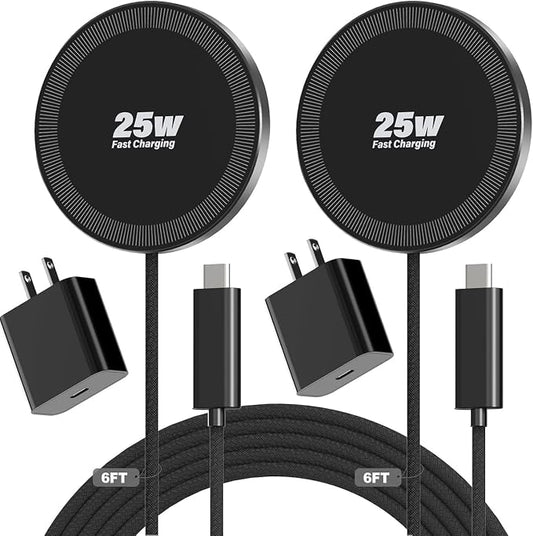 25W Magnetic Wireless Charger, 6FT Fast Charging Pad Wireless Charge for iPhone 17 16 /AirPods3/2/Pro/for Galaxy S26 Ultra/Pixel 10 Series, Portable Charger for Desk& Travel(2Pack,Black)