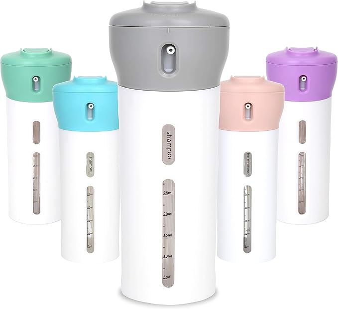 Travigo 4-in-1 Travel Dispenser Bottle, TSA Approved, Leak Proof, Four Reusable 1.4 oz. (40 mL) Toiletry Containers for Shampoo, Conditioner, Soap, Lotion, Skincare (Gray)
