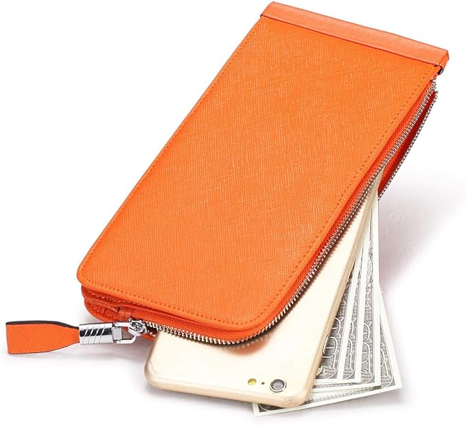 Women's Genuine Leather Credit Card Holder RFID Long Zipper Purse Wallet