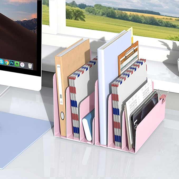 Mail Organizer Countertop, Small Desk File Organizer, Metal File Holder - Essential Workspace Organizers for Office Desk, Home Office (Pink)