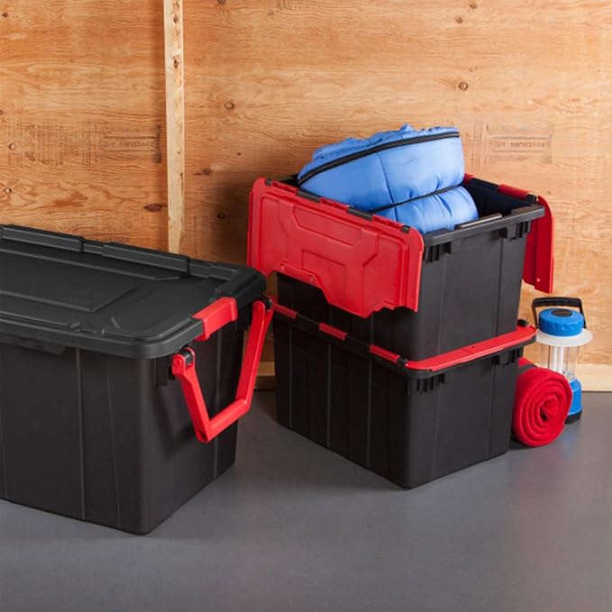 Sterilite 6-Pack 12 Gallon Hinged Lid Industrial Tote, Heavy-Duty Plastic Organizer - Stackable Multipurpose Home Storage Bins with Contoured Handles for Garage, Basement or Attic Organization