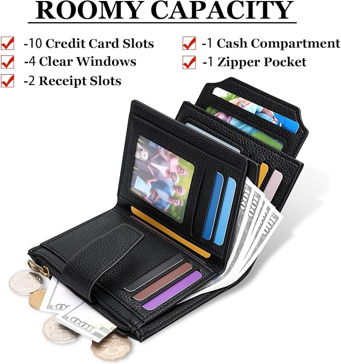 Airkit Small Wallet Women RFID Blocking Soft Leather Bifold Compact Card Holder Wallet for Women with Zipper Coin Pocket 4 ID Window