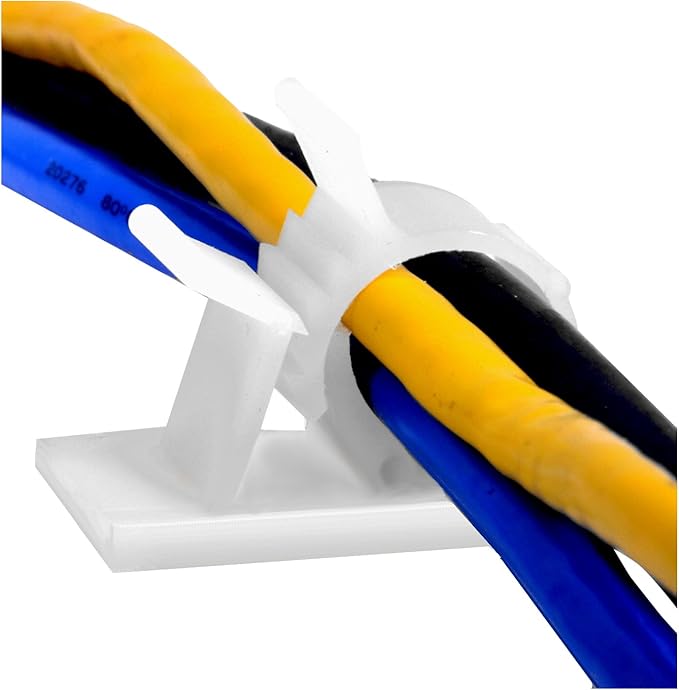 JacobsParts V1 Adhesive Cable Management Clips, 0.5 Inch Adjustable Clamp, White (25 Pack)