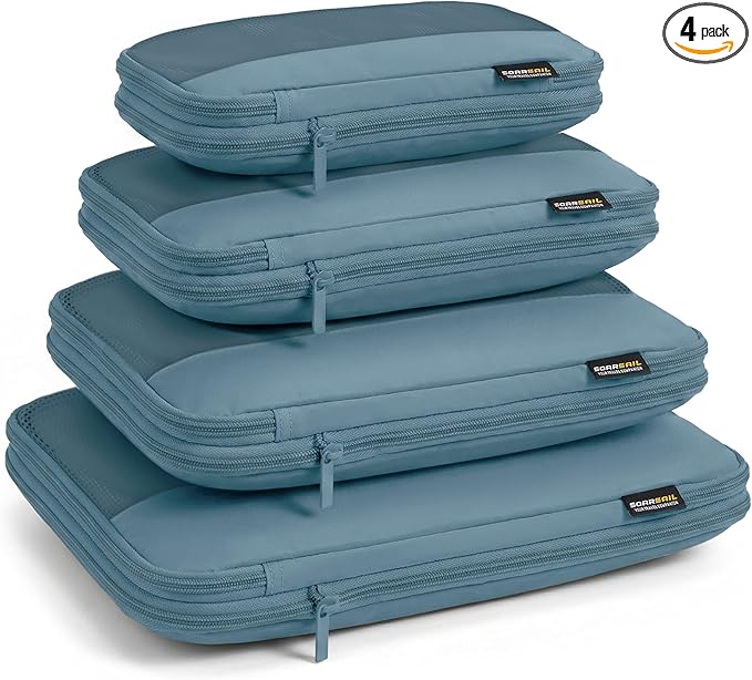 4 Piece Compression Packing Cubes for 3–7 Day Travel, Lightweight Travel Organizers with Breathable Mesh, Double-Zipper Packing Cubes for Carry-On & Suitcases (Gray Blue)