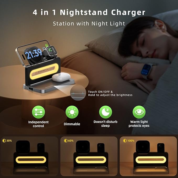3 in 1 Wireless Charging Station for Apple MagSafe Charger,Magnetic Wireless Charger Stand for iPhone 16 15 14 13 12,Foldable Nightstand Charging Dock for Apple Devices iWatch,AirPods with Night Light