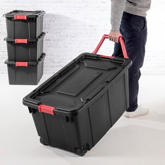 Sterilite 18-Pack Industrial Tote, Plastic Storage Bins with Lids, 15 Gallon, Black - Heavy-Duty Organizing Containers for Closet, Bathroom, and Office