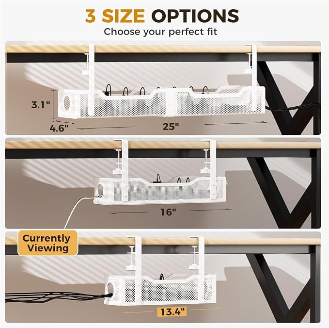 Under Desk Cable Management Tray, Heavy Duty Steel Wire Cord Organizer 13.4 Ich for Computer Desk, No Drill Adhesive or Screw Mount Options, Power Strip Holder for Home | Office | Shop (Silver)