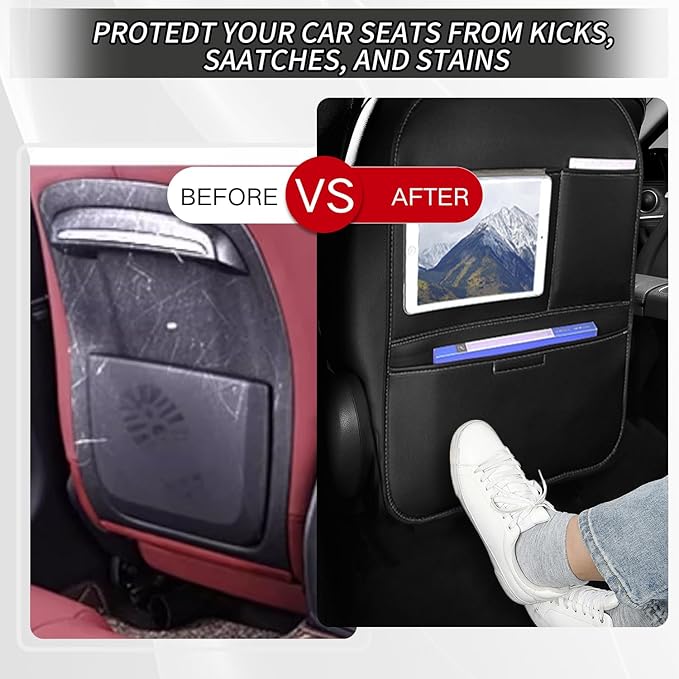 Kick Mat Back Seat Protector， Waterproof Leather Car Seat Back Organizers Cover with 3 Storage Pockets for Kids Pets SUV Sedan Minivan Truck Car Travel Accessories (Black 2-pack)