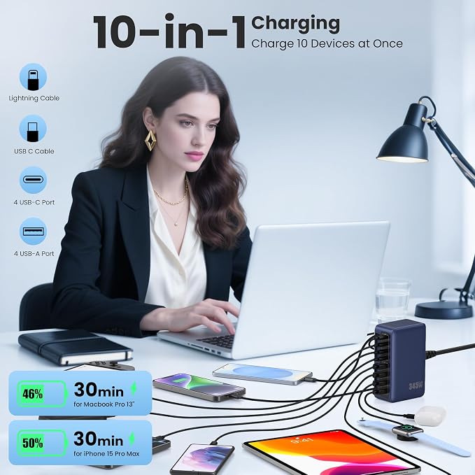 345W USB C Charger 10 in 1 Retractable Wall Charger with 2 Cables,GaN 6 USB C Charging Station Phone Charging PD Laptop Charger Adapter for MacBook Pro/Air,DELL,iPhone17/16/15,Galaxy S24,Android etc