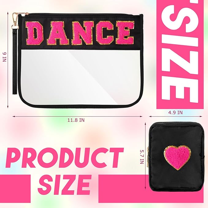 Hillban 2 Pcs Dance Recital Gifts for Teacher Christmas Clear Makeup Bag Chenille Letter Patch Cosmetic Bag Dance Competition Gift Toiletry Pouches with Zipper Waterproof Travel Purse Dancer Stuff