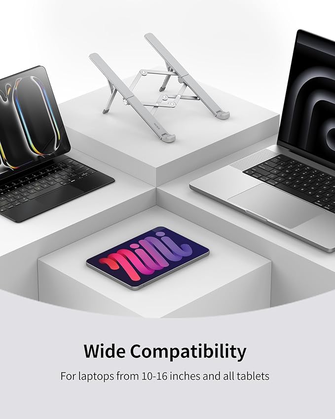 SODI Ultra Compact Foldable Laptop Stand - Portable Laptop Holder for Desk & Travel Use, Adjustable, Ergonomic Aluminum Computer Holder for MacBook, Tablet 10-16" (Light Gray, Bi-Fold-Horizontal)