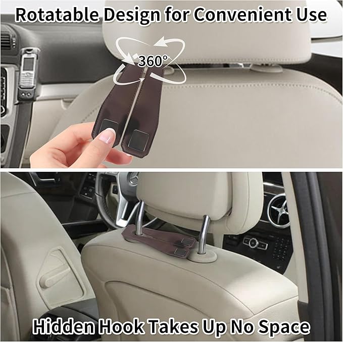 vidonio 2 Pack Double Car Seat Hooks for Headrest, Rotatable Purse Holder for Car,Premium Leather Car Hooks for Purses and Bags, Headrest Hooks and Storage Accessories (Brown)