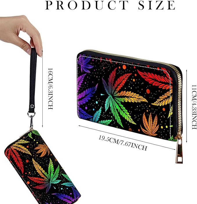 Zip Around Wallets for Women with Detachable Wrist Strap, Large Capacity RFID Blocking Leather Purse Organizer Card Holder Wristlet,Psychedelic Weed Leaf