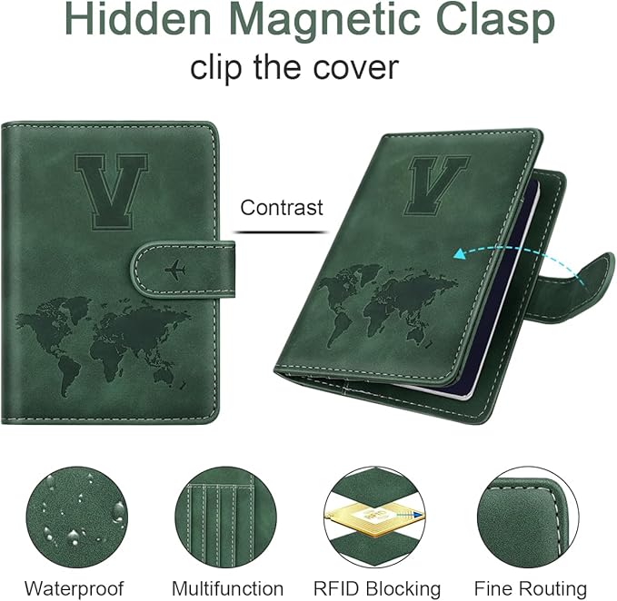 Personalized V Passport Holder Cover Initial Letter Travel Wallet RFID Blocking Passport Cover Credit Card Holder Case Passport Book Holders for Women and Men, Pine Green-V
