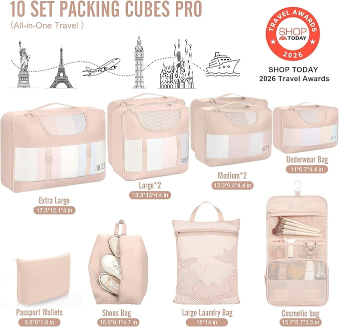 Veken 10 Set Packing Cubes for Travel, Beach Vacation Essentials Accessories for Cruise Ship, Suitcase Organizer Bags for Luggage with Hanging Toiletry & Shoe Bag, Birthday Gifts for Women Mom Her