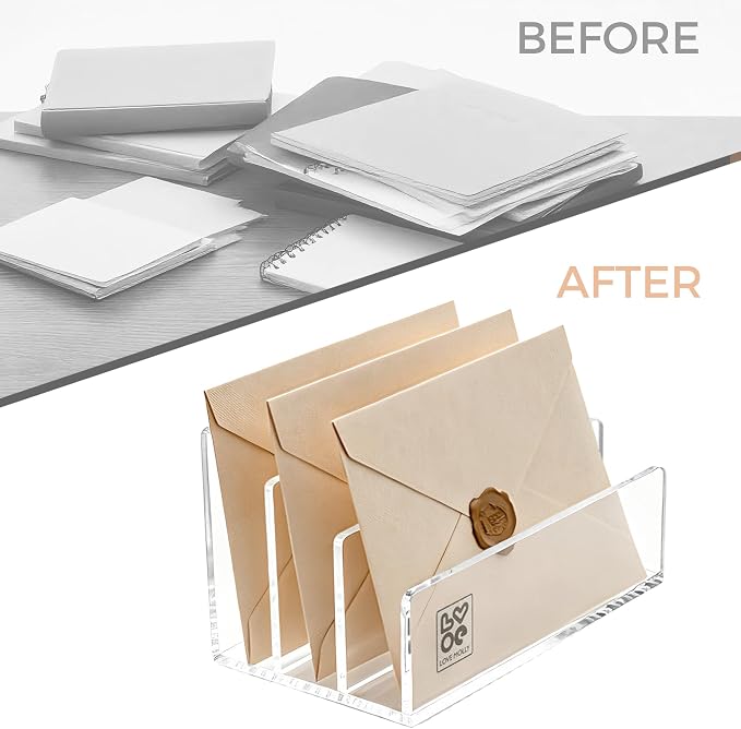 Lovemolly 3-Slot Clear Acrylic Mail Holder – Vertical Letter Sorter & Desk Organizer for Bills, Envelopes & Notebooks, Compact 6.88 x 4.05 x 4.05 in