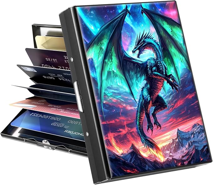Metal Wallet for Women Men Girls, RFID Blocking Slim Aluminum Credit Card Holder, Mini Travel Wallet with Hard Shell, Lightweight ID & Business Card Case,A Dragon