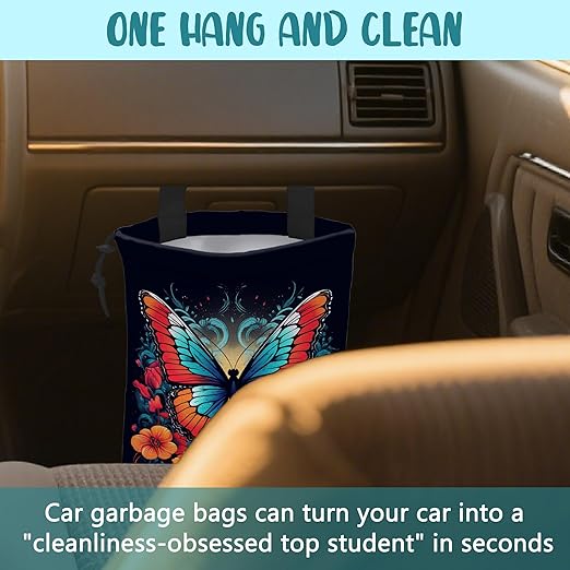 Car Garbage Bag Colorful Butterfly with Flowers Hanging Canvas Car Trash Bag Waterproof Drawstring Car Back Seat Organizer for Car Back Front Seat Console with Adjustable Buckle