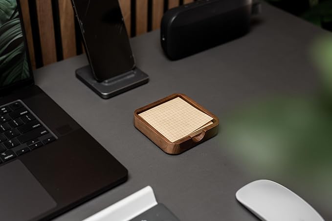 MUUJEE Wooden Office Desk Note Holder Organizer - 3.75 x 3.75 for Work Teacher Dad Wood Tray Post It Sticky Notes Work Minimalist Rustic