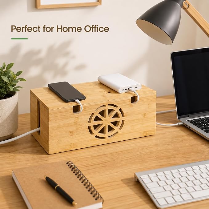 Cable Management Box - Large Bamboo Cord Organizer for Desk and Home Office - Power Strip Hider with Ventilation, 15.7 x 6.7 x 6.7in