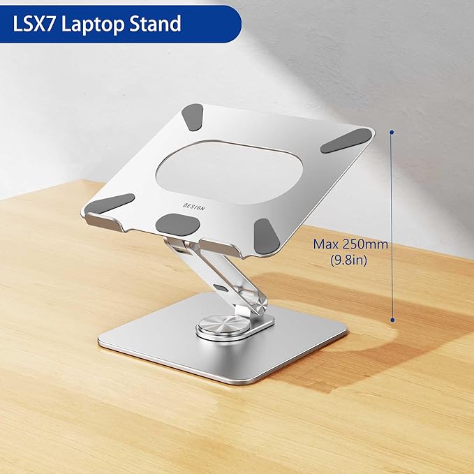 BESIGN LSX7 Laptop Stand with 360 Rotating Base, Ergonomic Adjustable Notebook Riser, Foldable Computer Holder Compatible with 10-15.6" Laptops (Silver)