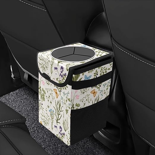 Car Trash Can with Lid Vintage Botanical Wildflowers Collapsible Reusable Leak-Proof Auto Garage Bag,Hanging Vehicle Car Accessories Interior Car Organizer