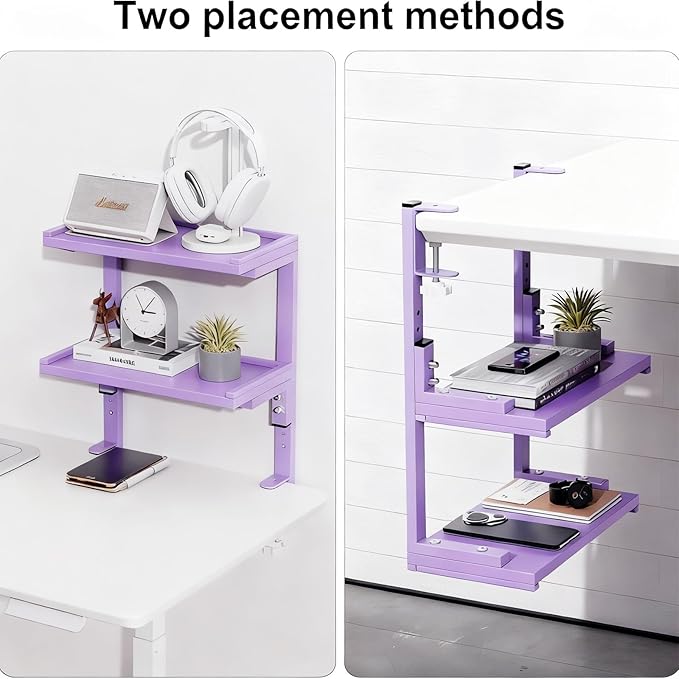 Spacrea clamp on Desk Shelf, 2 Tier Office Desk Shelves Organizer, Wood Desktop Supplies Storage Rack, Desk Organizers and Accessories (Purple)