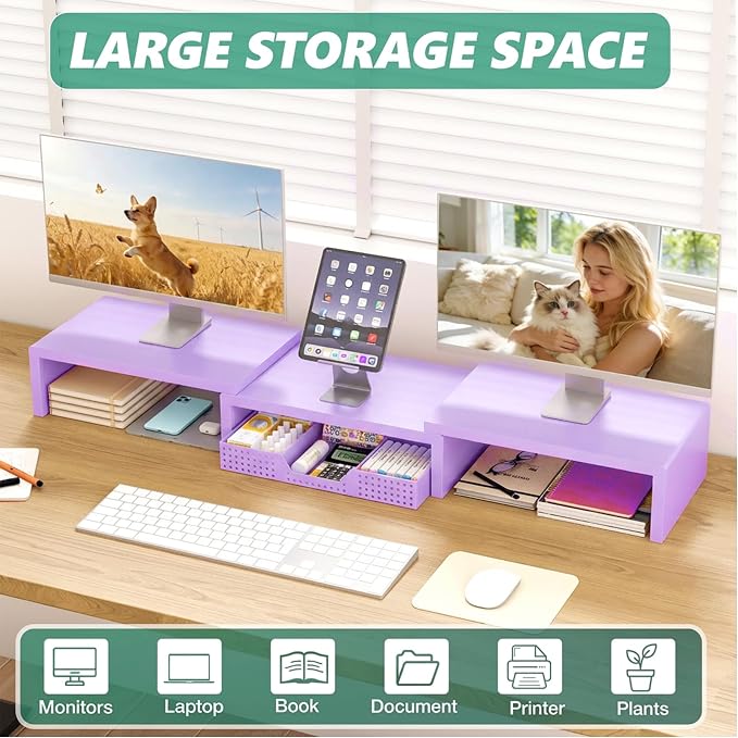 OPNICE Dual Computer Monitor Stand Riser with Drawer, Workspace Desk Organizer, Office Supplies Desk Accessories for Women, Purple
