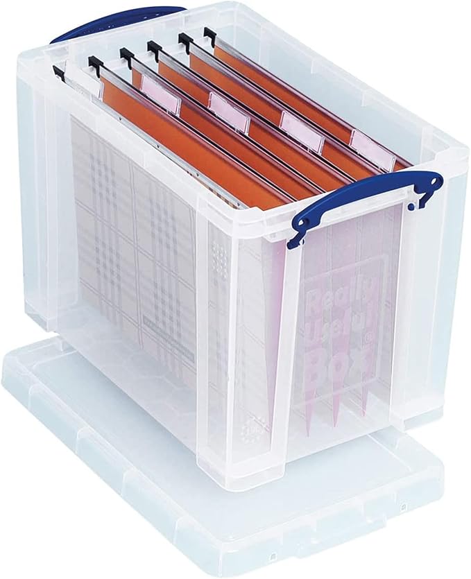 Really Useful Box 19 Liter Plastic Stackable Storage Container w/Snap Lid & Built-In Clip Lock Handles for Home & Office Organization, Clear (4 Pack)