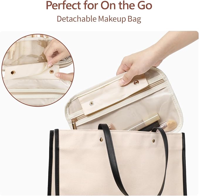 PACKISM Hanging Travel Toiletry Bag for Women - Fabric Travel Makeup Organizer with Detachable Makeup Bag and 4 Smart Large Compartments, for Full-Sized Toiletries, Off White (M)
