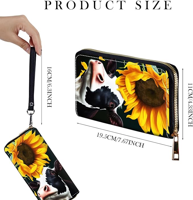 Zip Around Wallets for Women with Detachable Wrist Strap, Large Capacity RFID Blocking Leather Purse Organizer Card Holder Wristlet,Cute Sunflower Cow