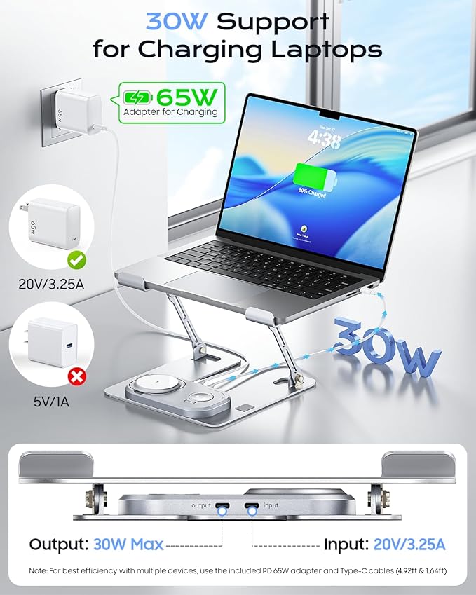 Meifigno Laptop Stand for Desk with Wireless Charging Station Base, Foldable Aluminum MacBook Stand with MagSafe Charger for iPhone/iWatch/AirPods, 30W USB-C Charging for All Laptop, with 65W Adapter