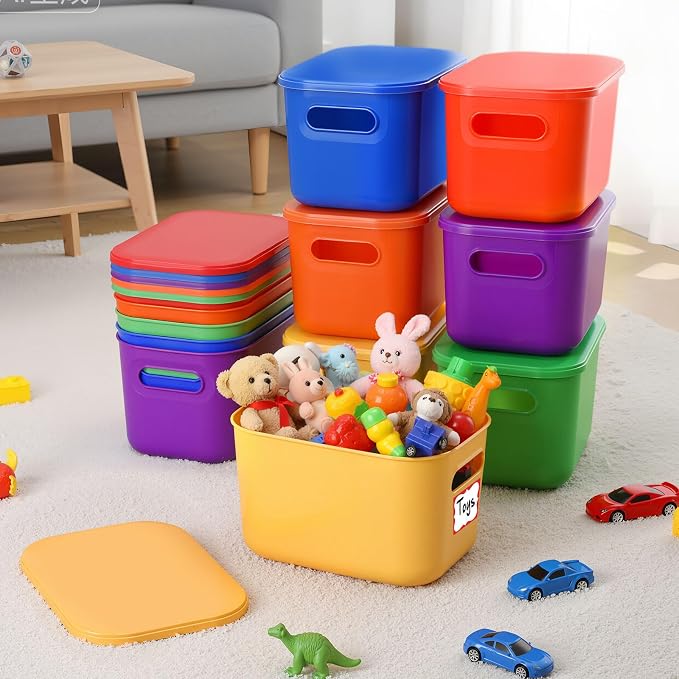 Thyle 18 Pack Colorful Plastic Storage Bins with Lids 7 Quart Vibrant Colored Toy Storage Box Stackable Nestable Organizer Box with Handle and Label for Classroom Shelf Bedroom Desktop School Supplies