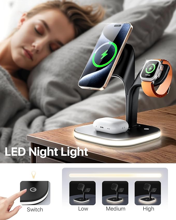 EXW Wireless Charging Station for Magsafe Charger,Charging Station for Multiple Devices,Wireless Charger for iPhone 17 Air 16 15 14 13 12,Apple Watch,AirPods with LED(Black)