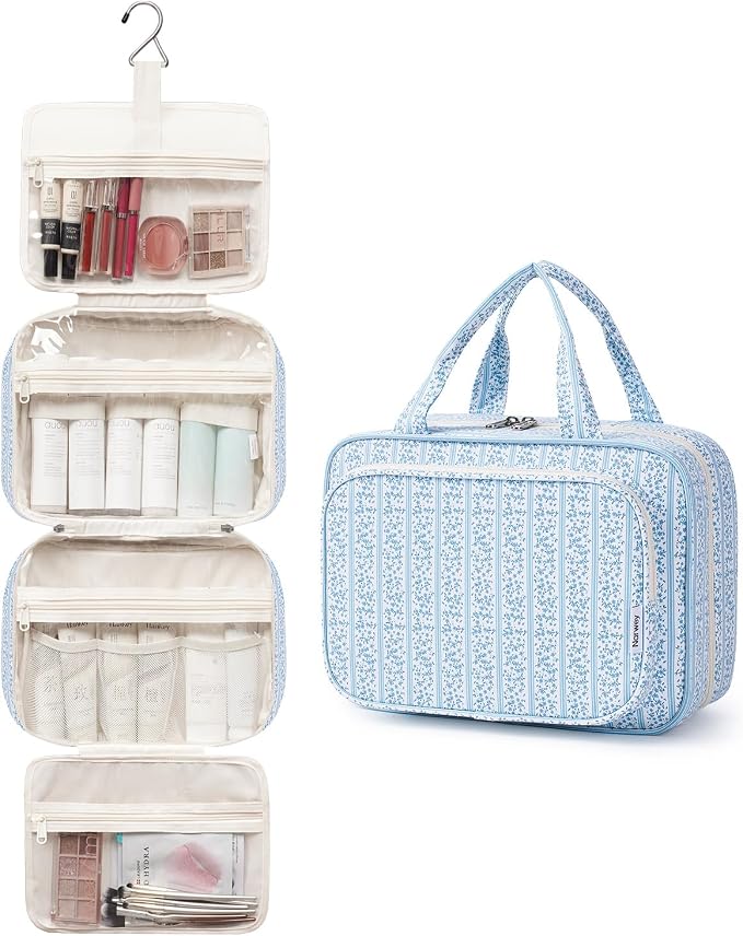 Narwey Travel Toiletry Bag for Women Large Hanging Makeup Bag Organizer Toiletries Bag for Full Size Essentials Accessories Cosmetics (Blue Flower Buds (Large))