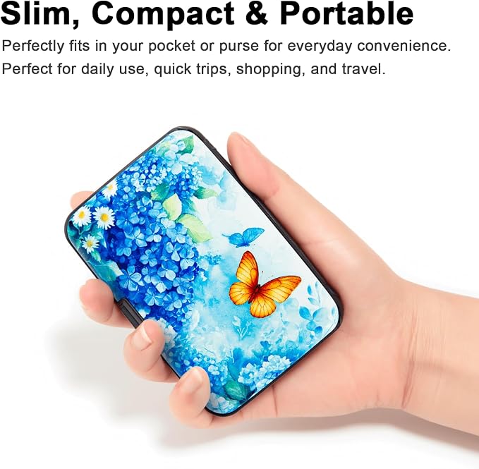 Credit Card Holder for Women Men RFID Blocking Wallet Small Business Metal Slim Mini Aluminum Hard Case (Hydrangeas Butterflies)