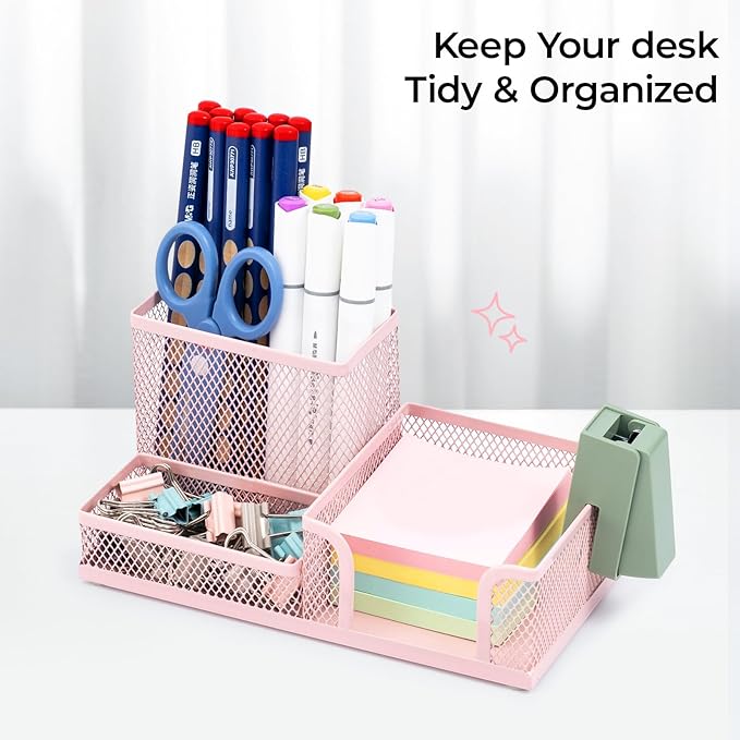 M&G Mesh Pen Holder Desk Organizers Pencil Holder for Desk Pink, 3 Compartments Metal Office Supply Organizer with Sticky Notes Holder for Home Office