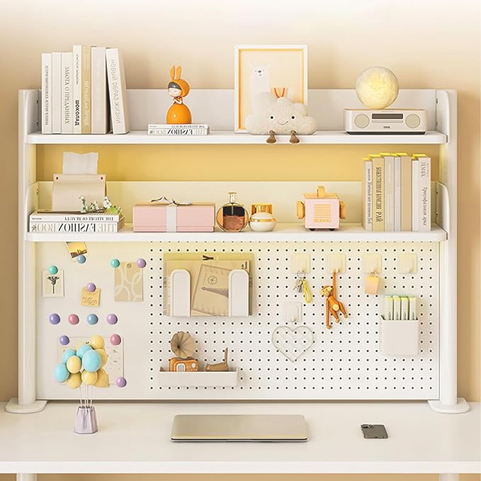 Clamp On Desk Organizer Shelf,White Desk Extender Pegboard Workstation,Computer Desk Accessories for Office, Desktop Shelving System,Desktop Bookshelf Storage Shelves for Desk,23.6in
