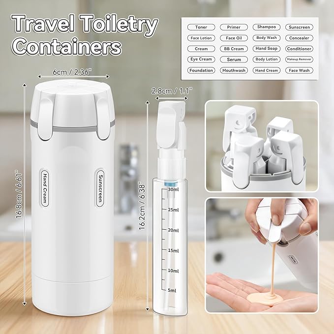 4 in 1 Travel Dispenser Bottle, 30ML*4 Refillable Pack Squeeze Bottles, Portable Leak Proof Travel Toiletry Containers for Toiletries/Shampoo/Conditioner/Shower Gel (White)