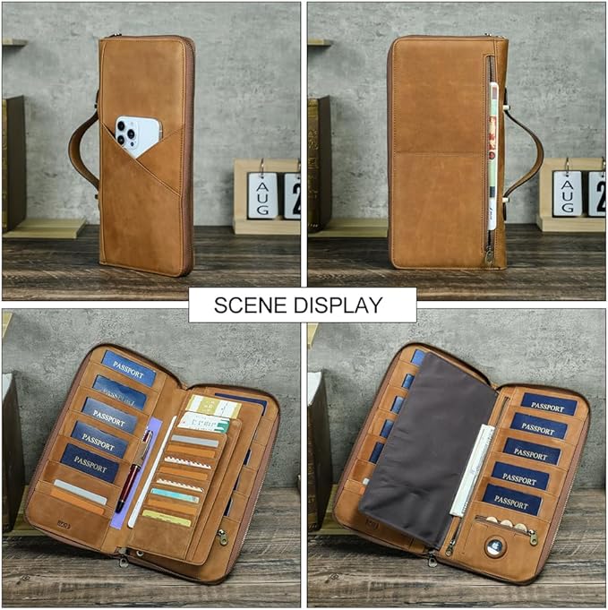 CONTACTS Family Passport Holder for 10 Full Grain Leather Passport Holder Compatible with Airtag Family Travel Document Organizer Multiple Passport Wallet with Rfid Blocking (Brown)